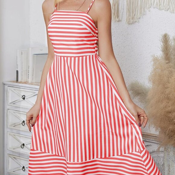 Striped Sleeveless Midi Dress for Women Spaghetti Strap Backless Beach Summer - Picture 4 of 6